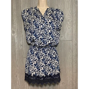 Aqua Black & Blue Print Lace Trimmed Dress S